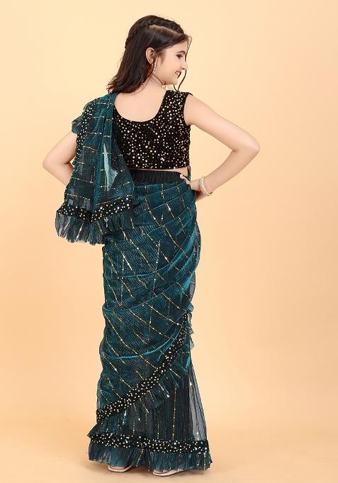 Green Embellished And Sequined Poly Blend Saree Set For Girls