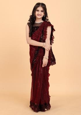Maroon Embellished And Sequined Poly Blend Saree Set For Girls