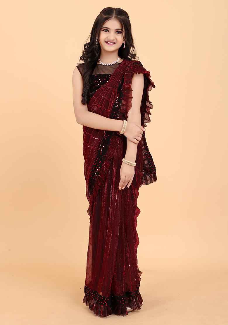 Maroon Embellished And Sequined Poly Blend Saree Set For Girls