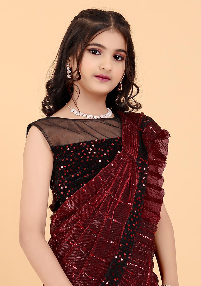 Maroon Embellished And Sequined Poly Blend Saree Set For Girls