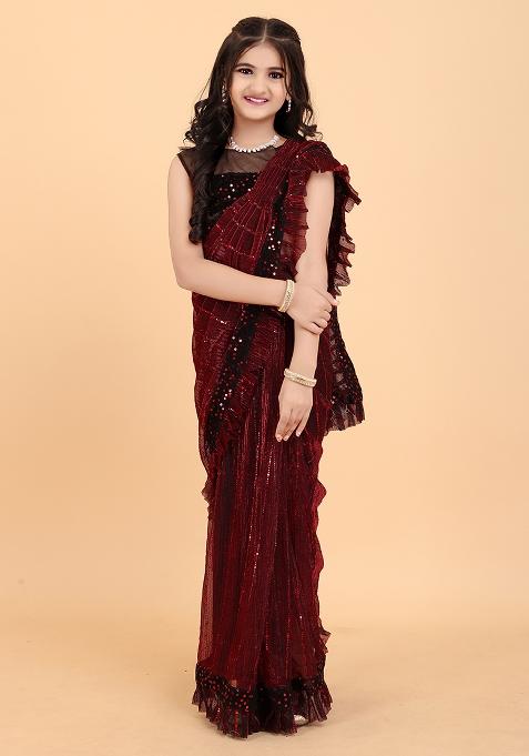 Maroon Embellished And Sequined Poly Blend Saree Set For Girls