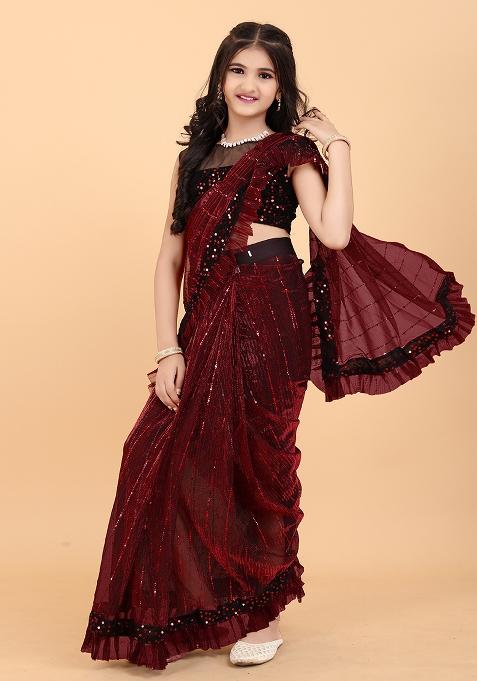 Maroon Embellished And Sequined Poly Blend Saree Set For Girls