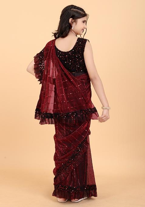 Maroon Embellished And Sequined Poly Blend Saree Set For Girls
