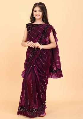 Purple Embellished And Sequined Poly Blend Saree Set For Girls