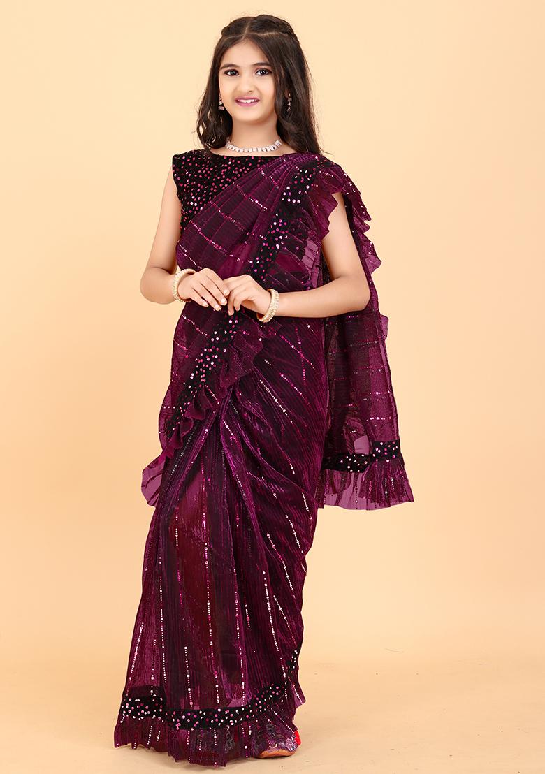 Purple Embellished And Sequined Poly Blend Saree Set For Girls