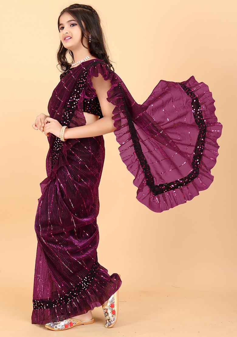 Purple Embellished And Sequined Poly Blend Saree Set For Girls