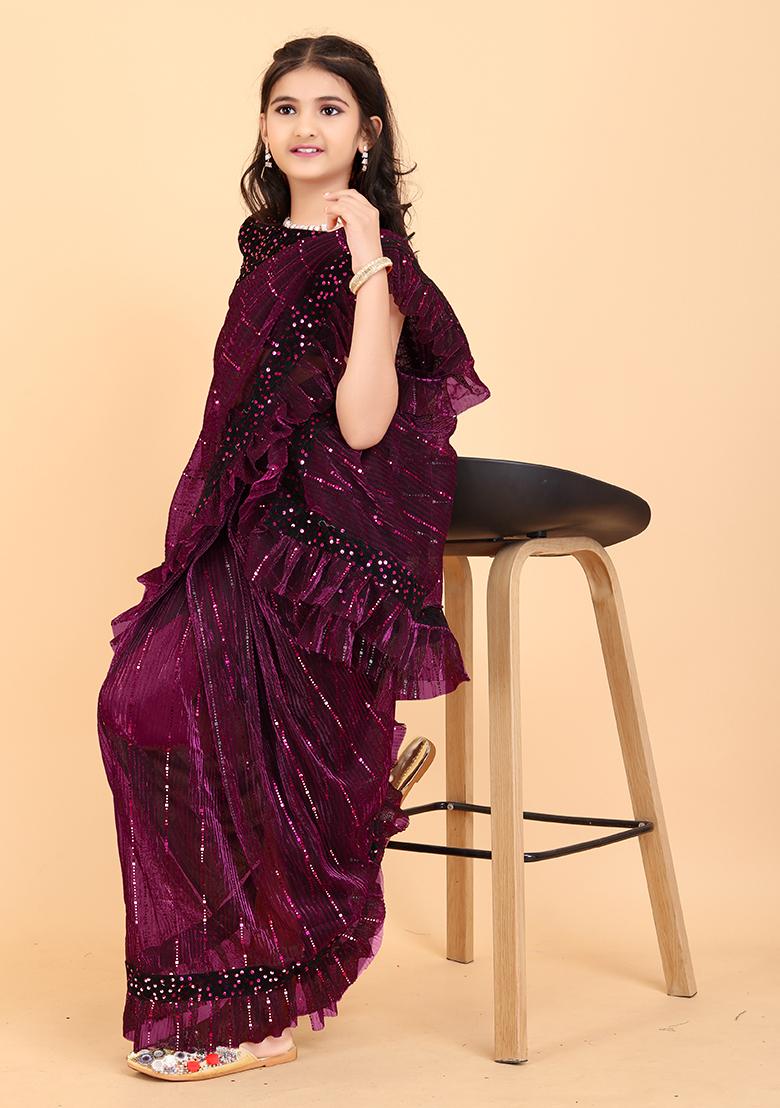 Purple Embellished And Sequined Poly Blend Saree Set For Girls