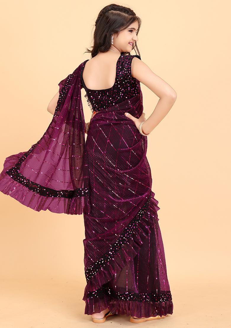 Purple Embellished And Sequined Poly Blend Saree Set For Girls