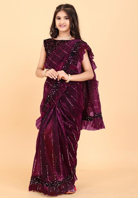 Purple Embellished And Sequined Poly Blend Saree Set For Girls