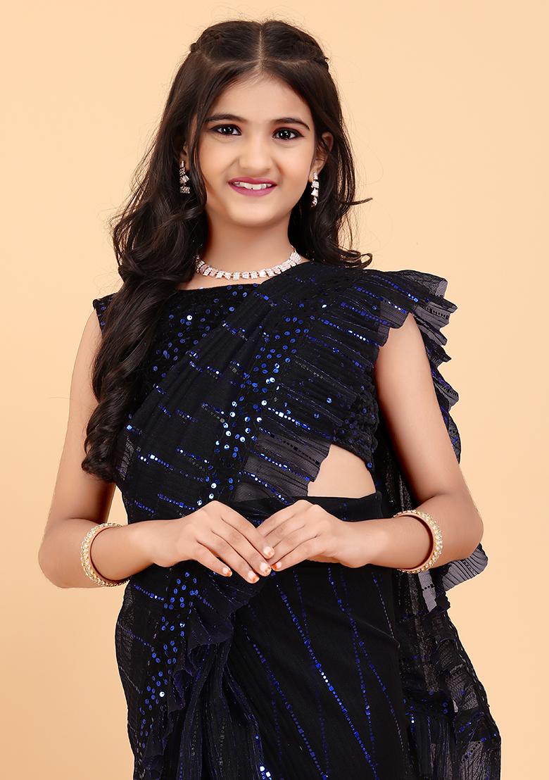 Navy Blue Embellished And Sequined Poly Blend Saree Set For Girls