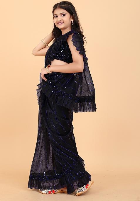 Navy Blue Embellished And Sequined Poly Blend Saree Set For Girls