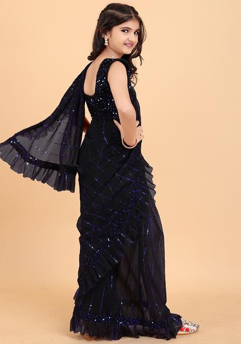 Navy Blue Embellished And Sequined Poly Blend Saree Set For Girls
