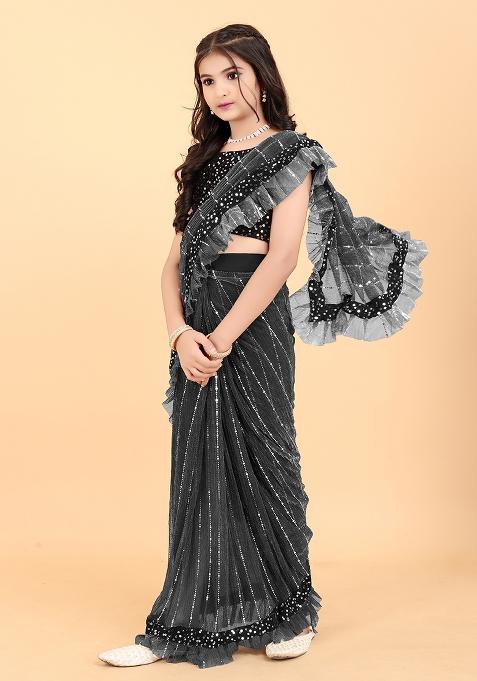 Grey Embellished And Sequined Poly Blend Saree Set For Girls