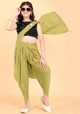 Mustard Yellow Embellished And Sequined Poly Blend Saree Set For Girls