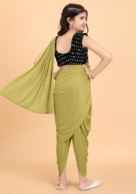 Mustard Yellow Embellished And Sequined Poly Blend Saree Set For Girls