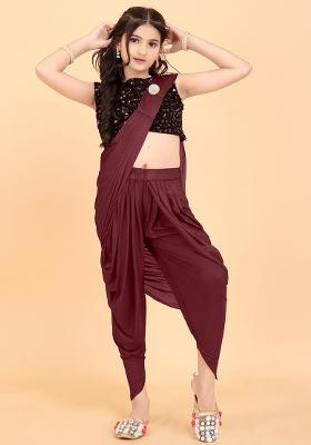 Maroon Embellished And Sequined Poly Blend Saree Set For Girls