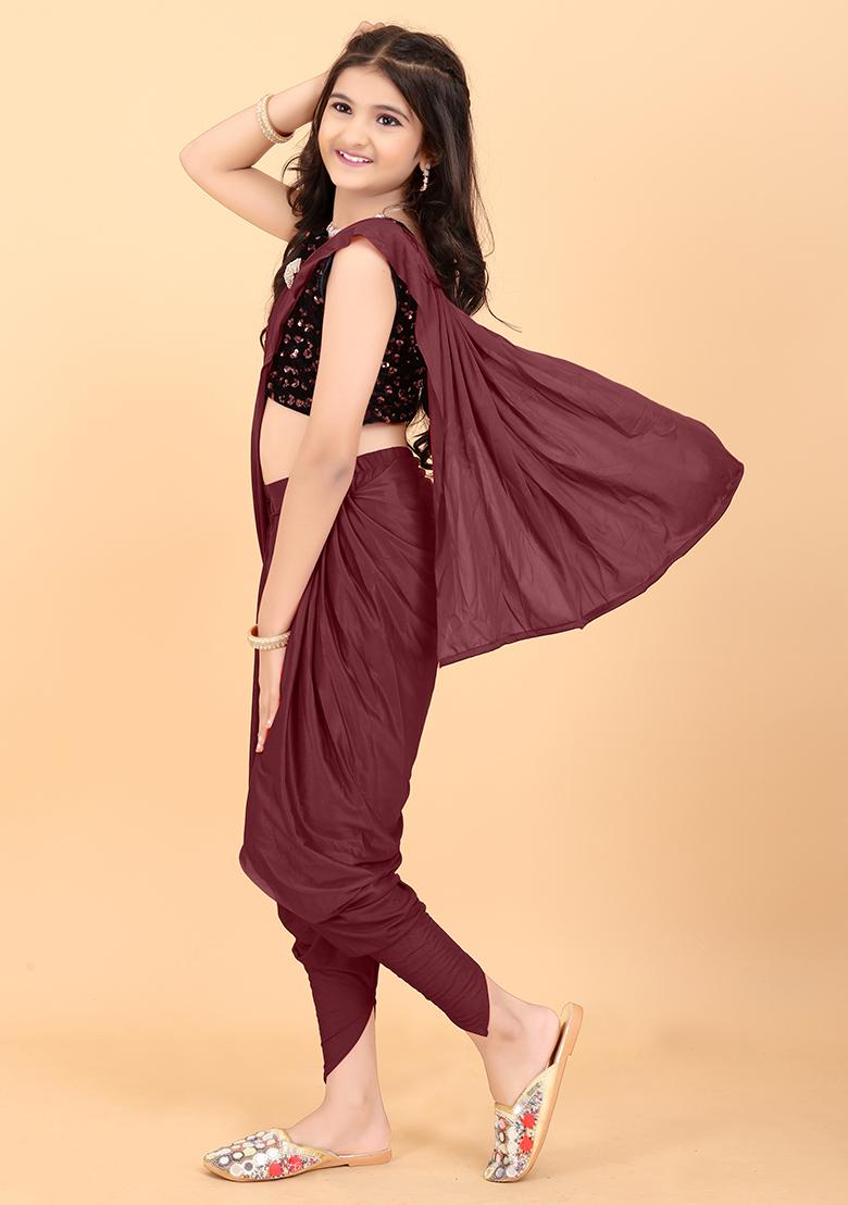 Maroon Embellished And Sequined Poly Blend Saree Set For Girls