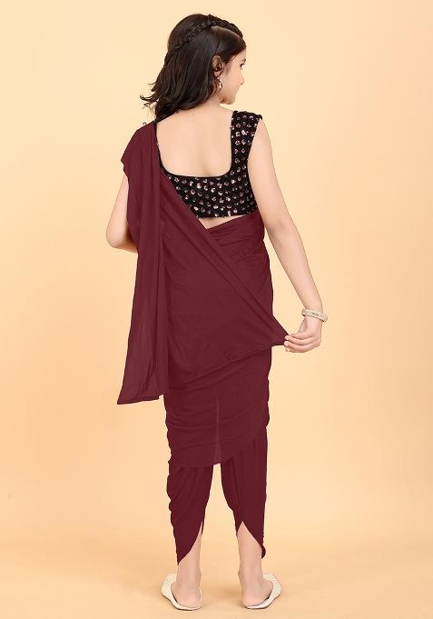 Maroon Embellished And Sequined Poly Blend Saree Set For Girls