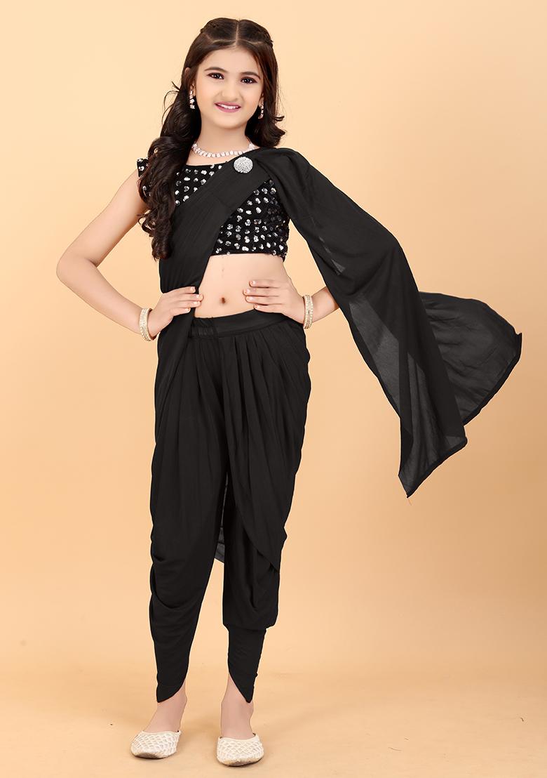 Black Embellished And Sequined Poly Blend Saree Set For Girls