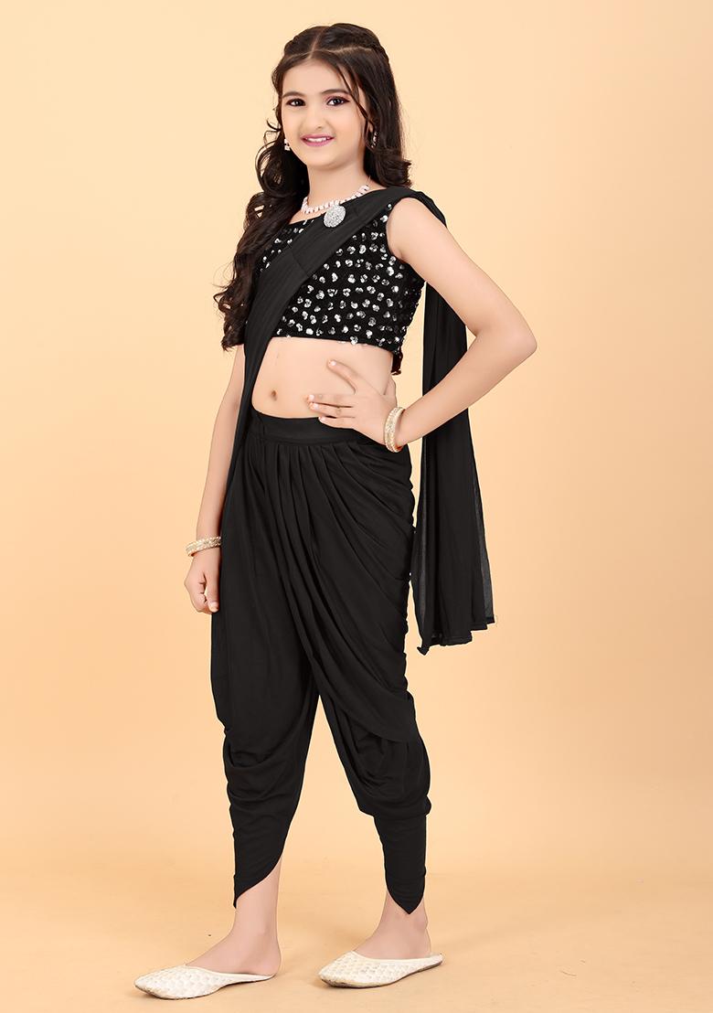 Black Embellished And Sequined Poly Blend Saree Set For Girls