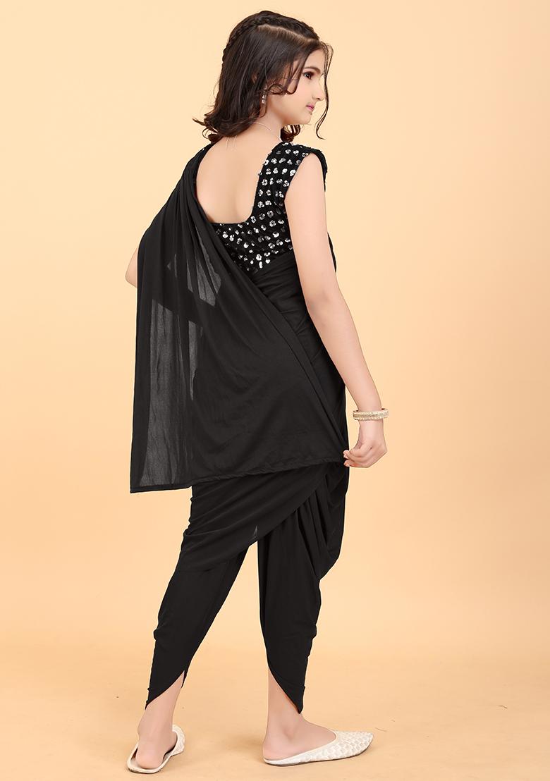Black Embellished And Sequined Poly Blend Saree Set For Girls