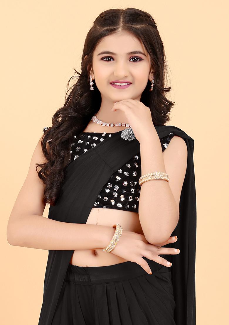 Black Embellished And Sequined Poly Blend Saree Set For Girls