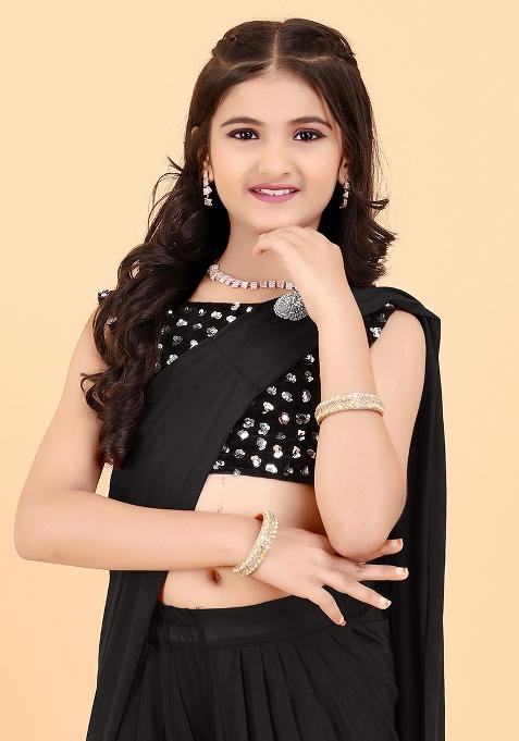 Black Embellished And Sequined Poly Blend Saree Set For Girls
