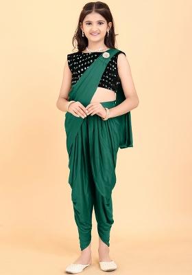 Green Embellished And Sequined Poly Blend Saree Set For Girls