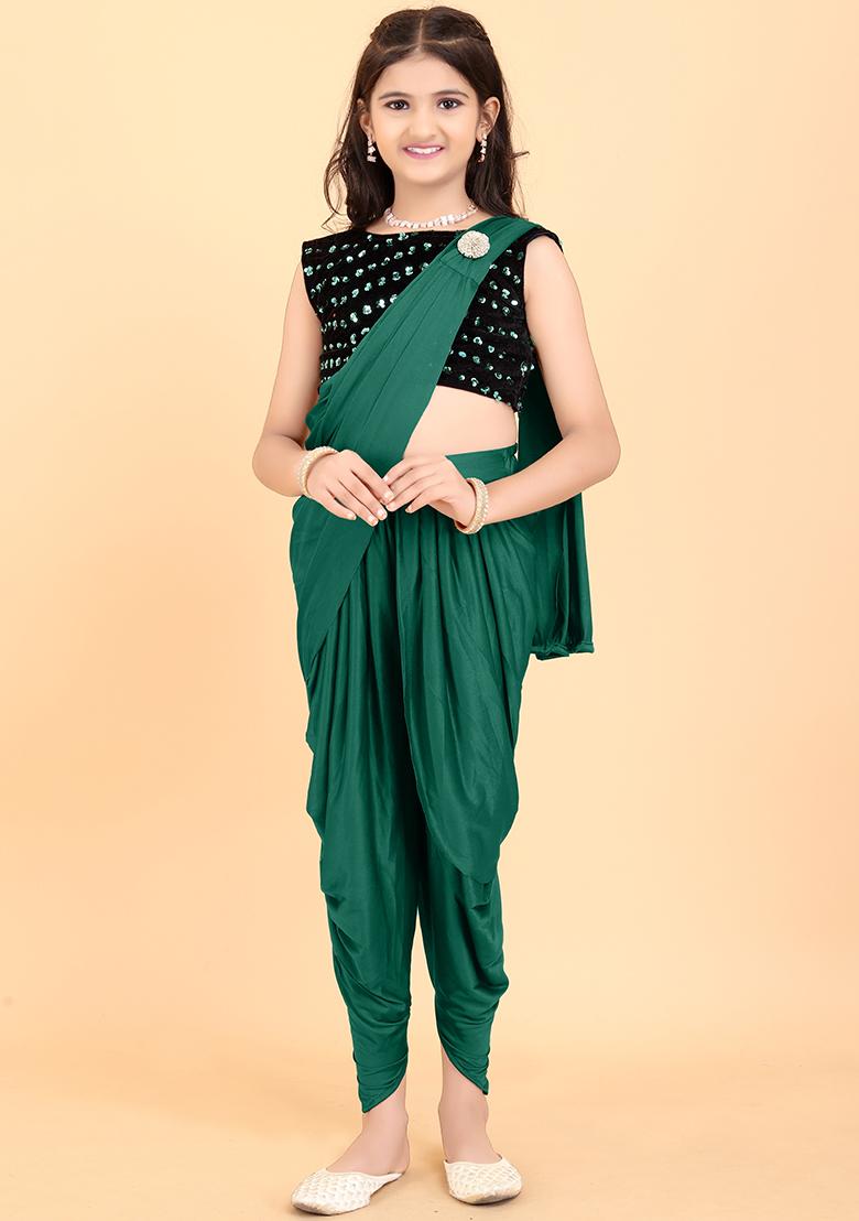 Green Embellished And Sequined Poly Blend Saree Set For Girls