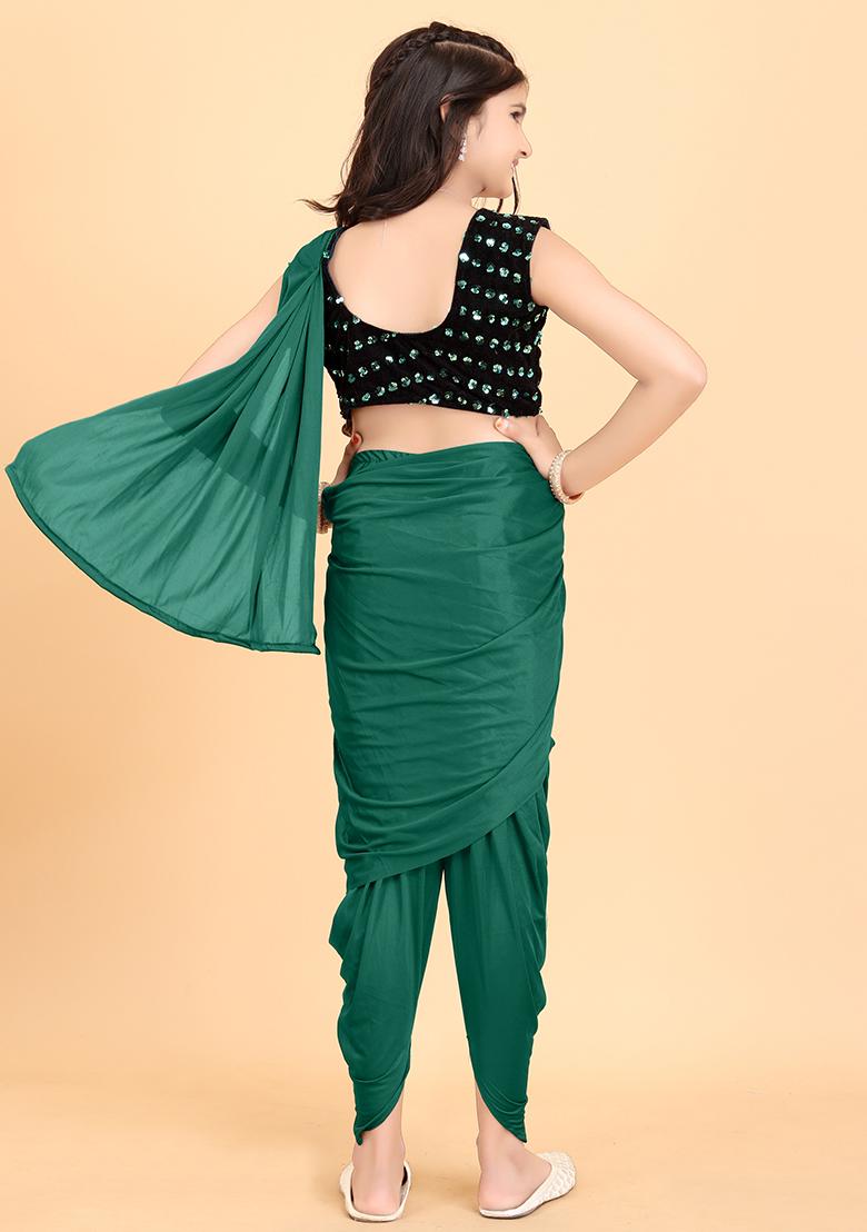 Green Embellished And Sequined Poly Blend Saree Set For Girls