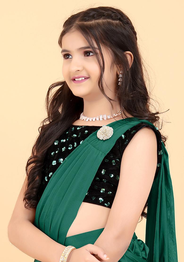 Green Embellished And Sequined Poly Blend Saree Set For Girls