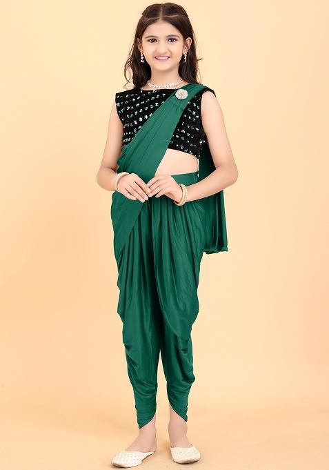 Green Embellished And Sequined Poly Blend Saree Set For Girls