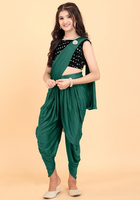 Green Embellished And Sequined Poly Blend Saree Set For Girls