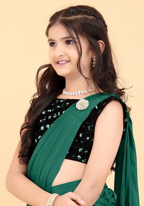 Green Embellished And Sequined Poly Blend Saree Set For Girls