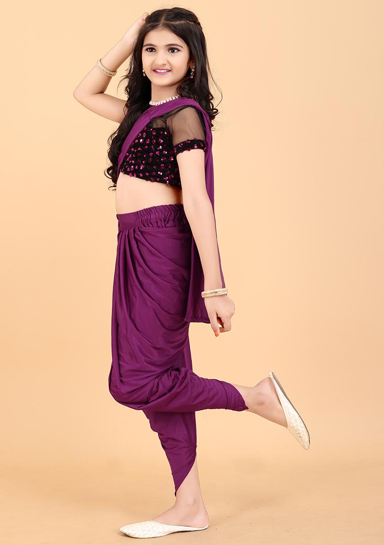 Wine Embellished And Sequined Poly Blend Saree Set For Girls