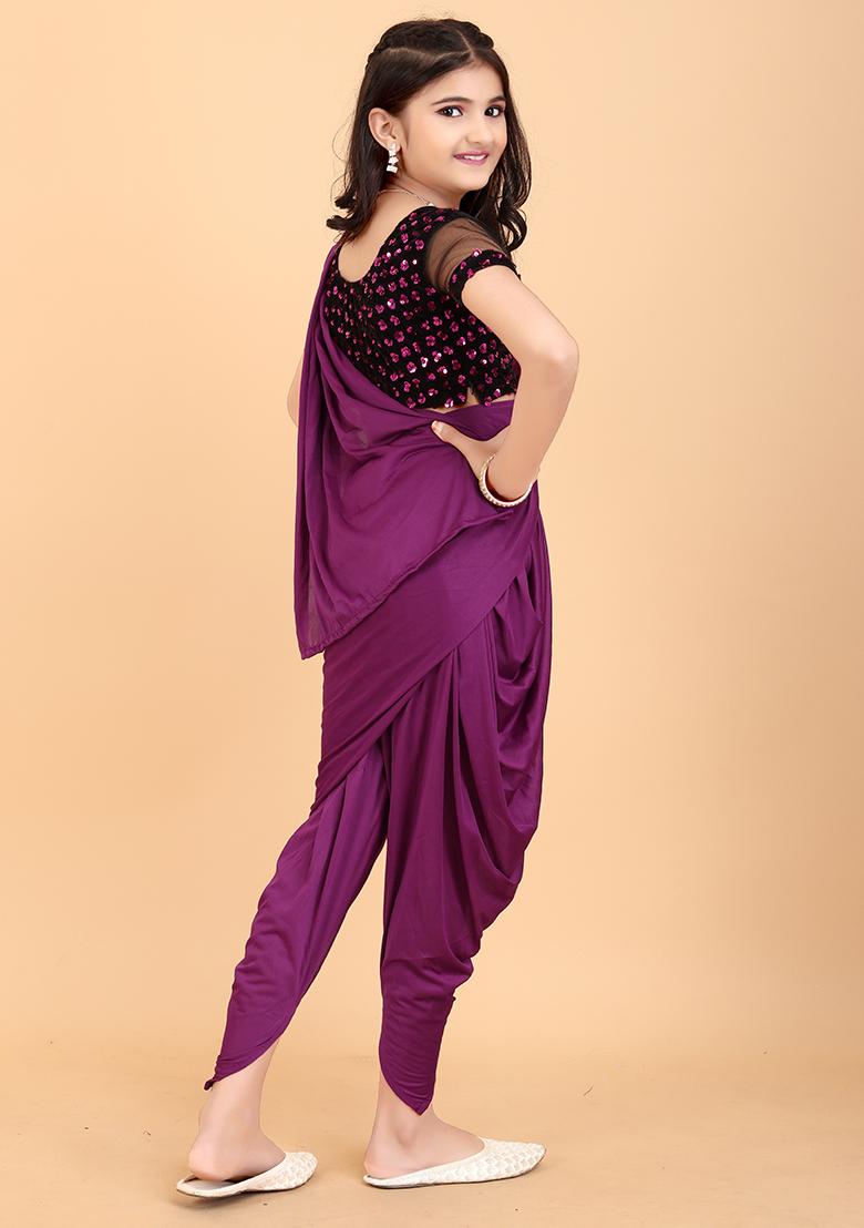 Wine Embellished And Sequined Poly Blend Saree Set For Girls