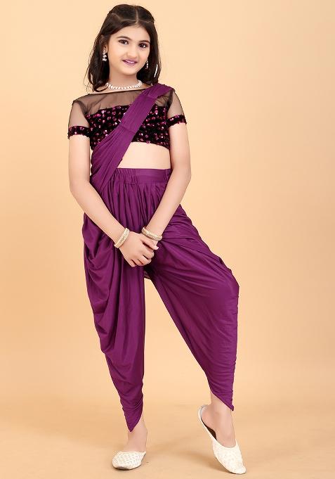 Wine Embellished And Sequined Poly Blend Saree Set For Girls