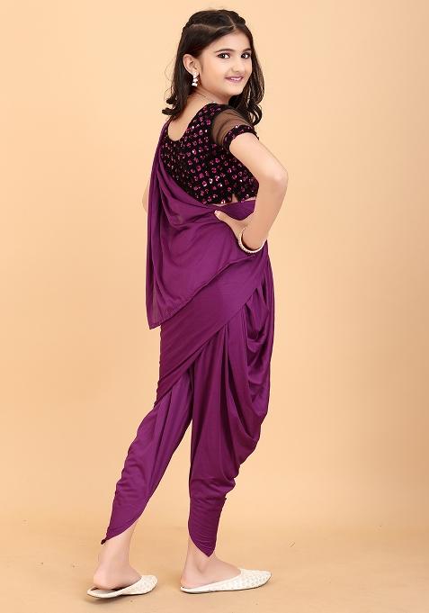 Wine Embellished And Sequined Poly Blend Saree Set For Girls