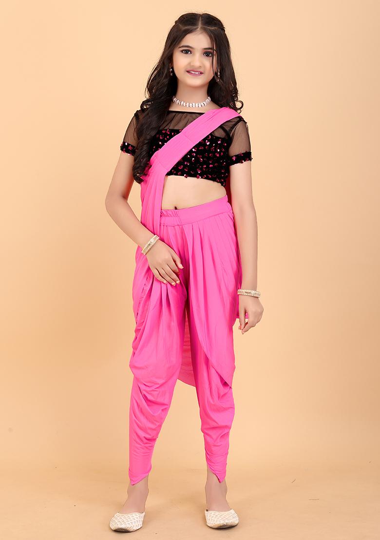 Pink Embellished And Sequined Poly Blend Saree Set For Girls