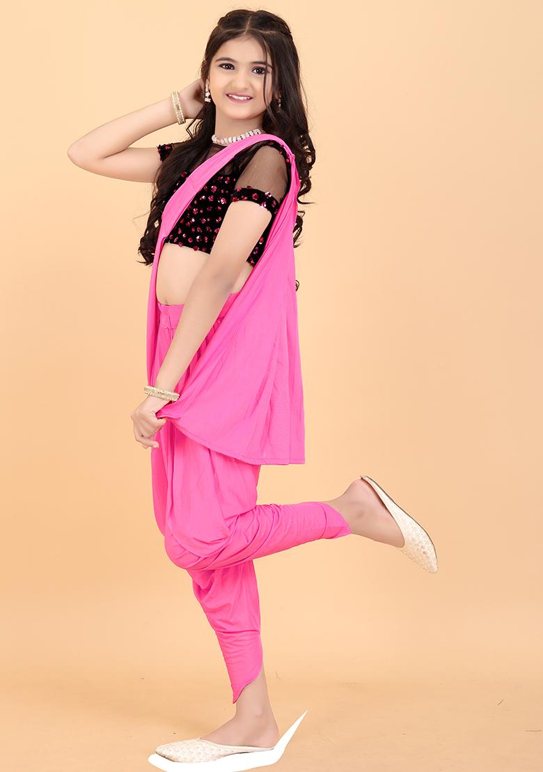 Pink Embellished And Sequined Poly Blend Saree Set For Girls