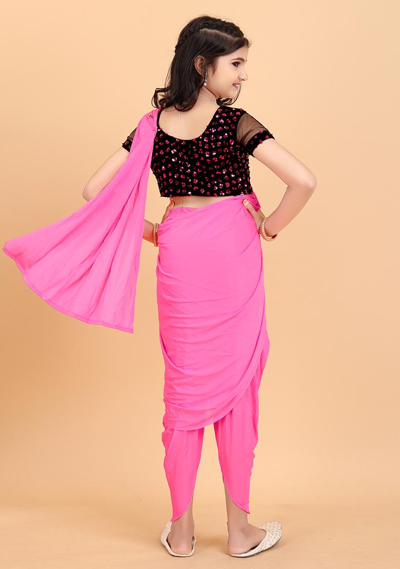 Pink Embellished And Sequined Poly Blend Saree Set For Girls