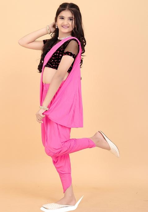 Pink Embellished And Sequined Poly Blend Saree Set For Girls