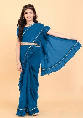 Teal Blue Embellished And Sequined Poly Blend Saree Set For Girls