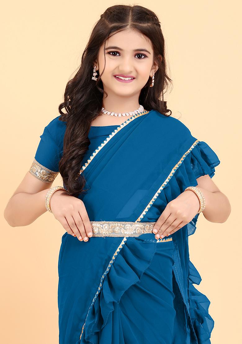 Teal Blue Embellished And Sequined Poly Blend Saree Set For Girls