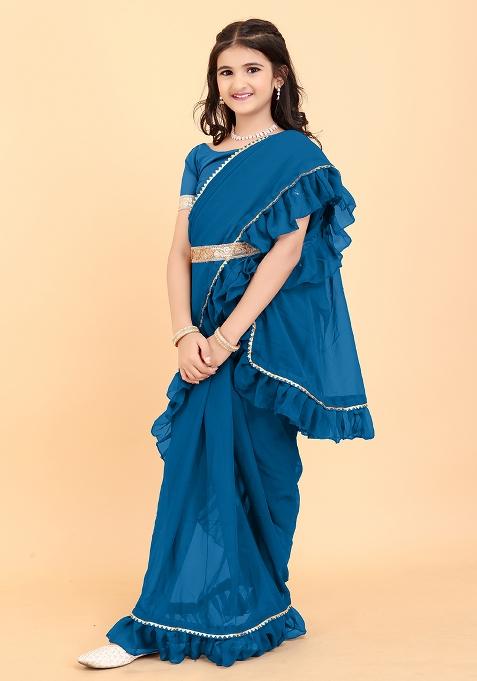 Teal Blue Embellished And Sequined Poly Blend Saree Set For Girls
