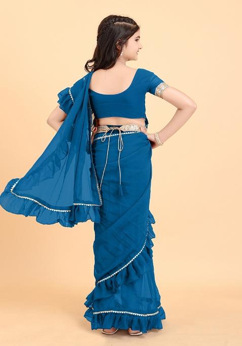 Teal Blue Embellished And Sequined Poly Blend Saree Set For Girls