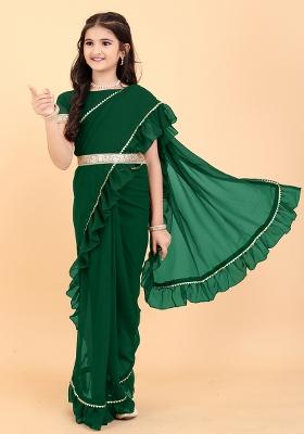 Green Embellished And Sequined Poly Blend Saree Set For Girls