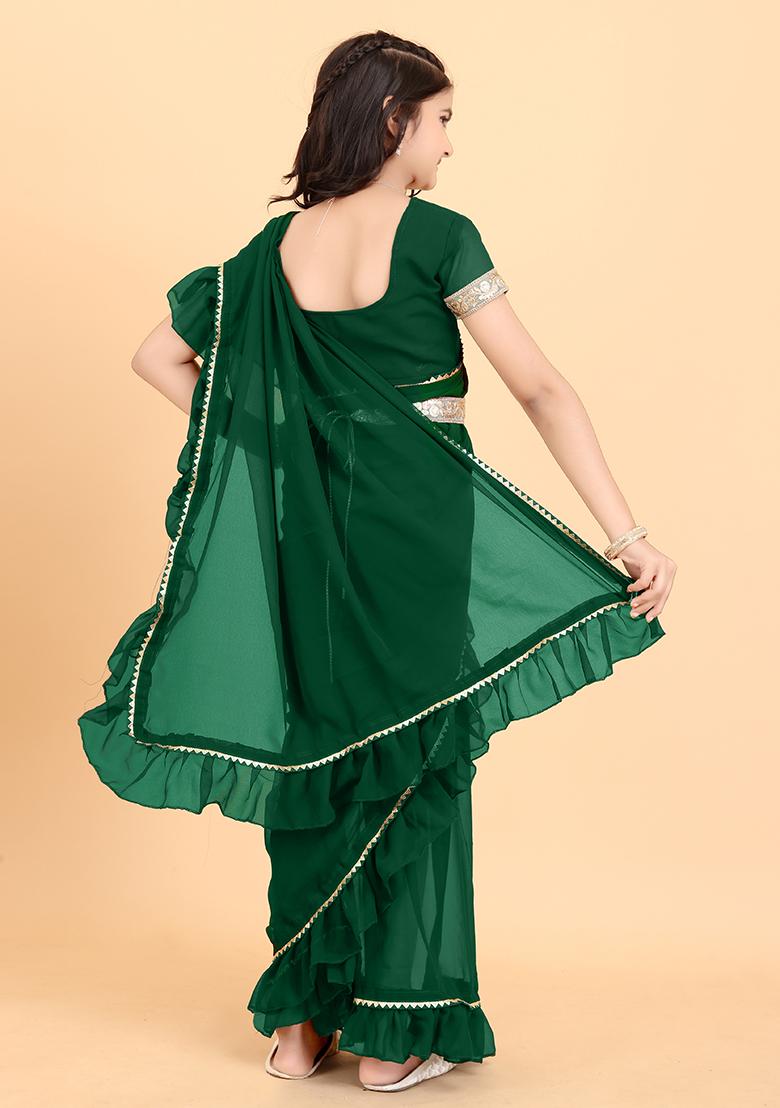 Green Embellished And Sequined Poly Blend Saree Set For Girls
