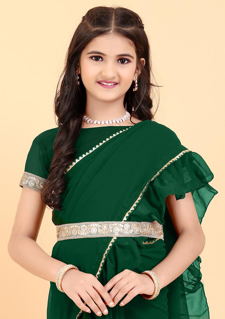 Green Embellished And Sequined Poly Blend Saree Set For Girls