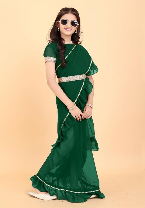 Green Embellished And Sequined Poly Blend Saree Set For Girls